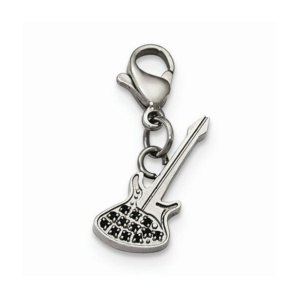 Stainless Steel Polished Black CZ Cubic Zirconia Guitar with Lobster Clasp Pendant Charm 